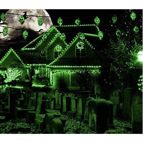 Decor Lot of 2 Halloween Skull String Light 14.5FT 30 LED green - Picture 2 of 2